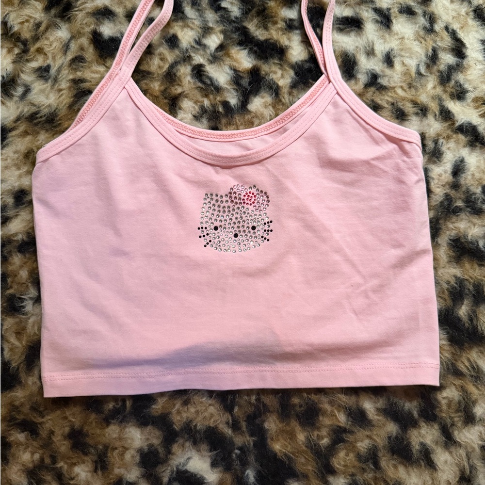 Pink Rhinestone Kitty Cropped Tank Top
